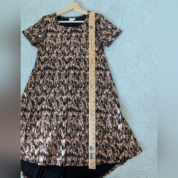 LuLaRoe XS Carly High-Lo Swing Dress -Black w/Rose Gold Foil Scribble Overlay - Picture 7 of 7